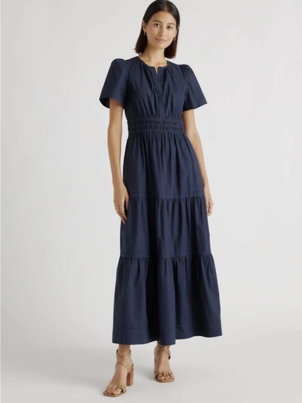 Quince NWT Navy Cotton Poplin Puff Sleeve Smocked Waist Midi Maxi Dress M